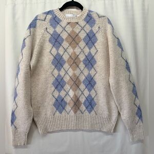 Damon Beige Multicolor 100% Pure Wool Argyle Crew Neck Pullover Sweater Sz XL